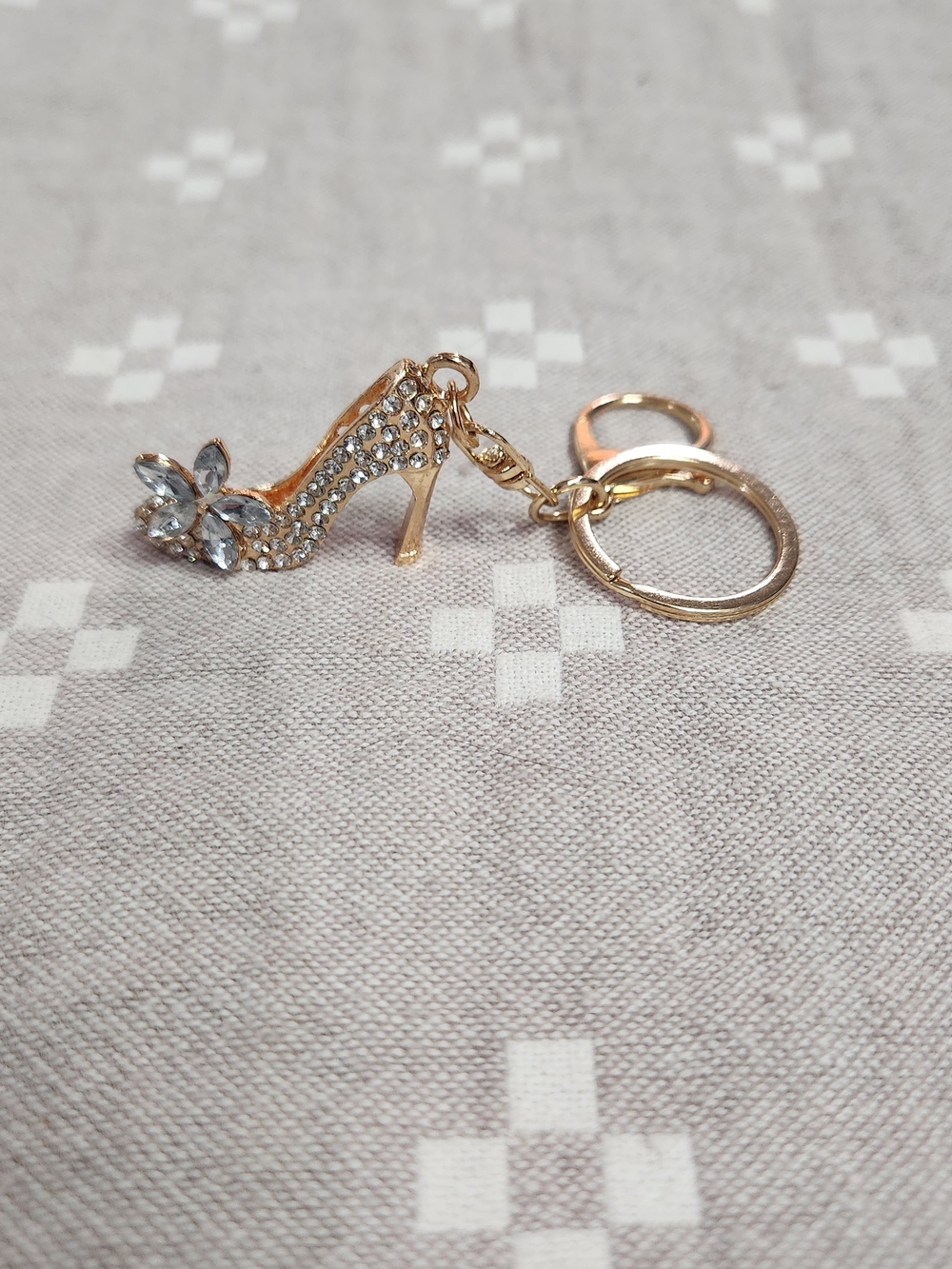 Rhinestone High Heel Shoe Keychain Gold with Clear Crystals